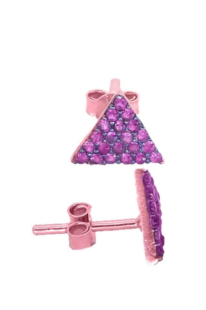 Üçgen Pembe Taşlı Yıldız Taşlı Bayan Gümüş Küpe