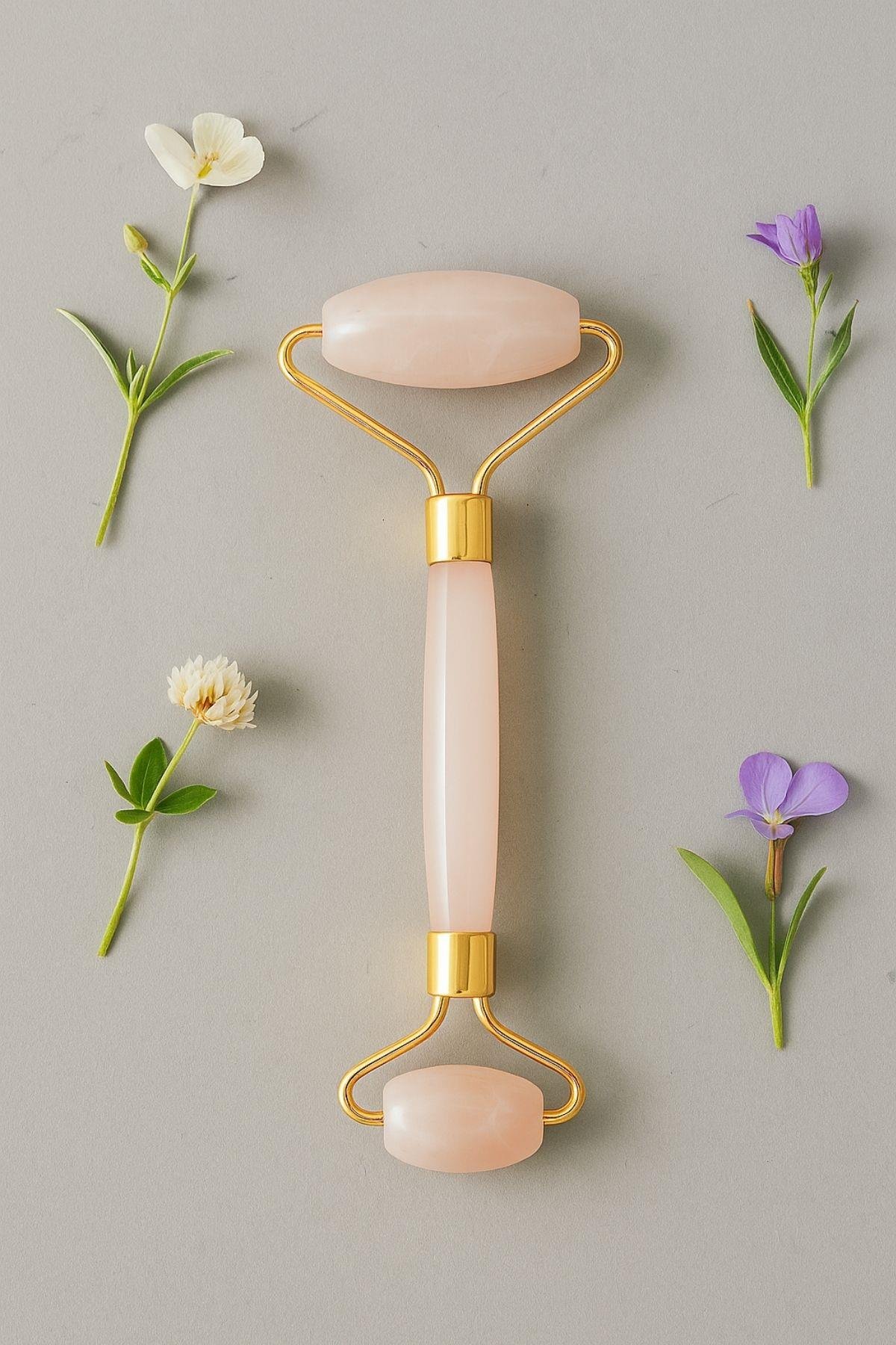 Doğal Taşlı Pembe Kuvars Taşlı Jade Roller  Rulo Masaj Aleti